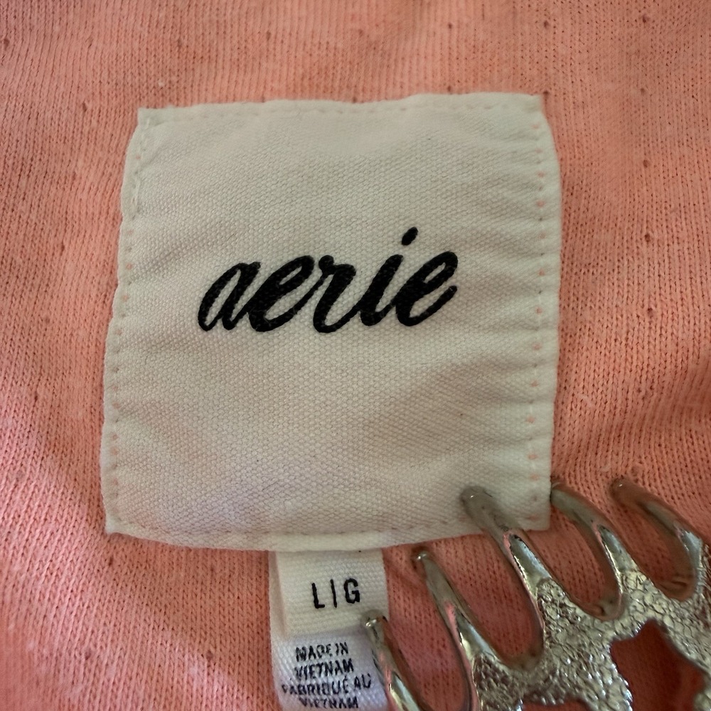 Aerie Polo Sweatshirt Women's L Coral Pink Slub Knit V-Neck Relaxed Athleisure - Picture 4 of 10